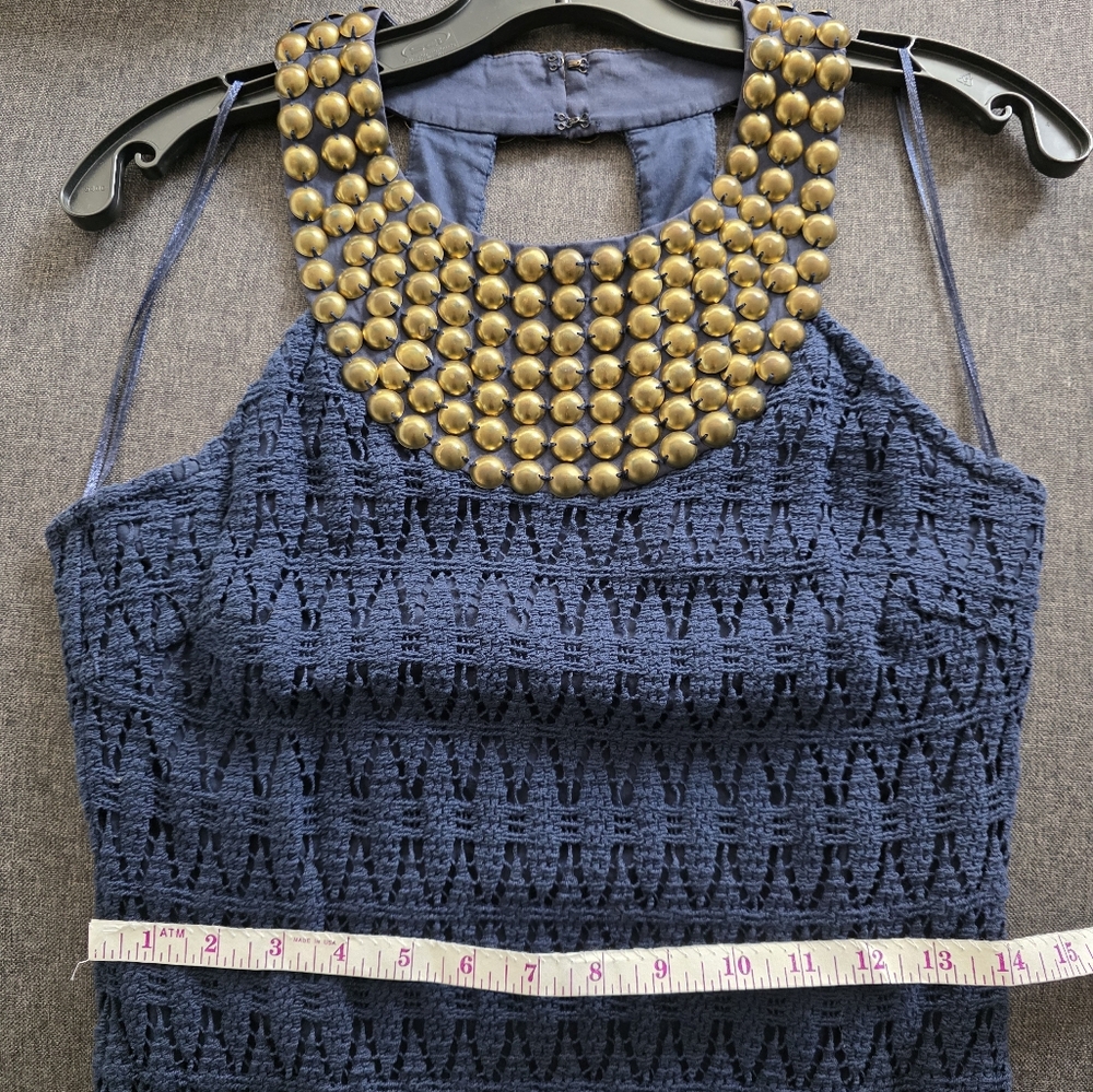 Trina Turk Blue and Gold Embellished Sleeveless Tank Top